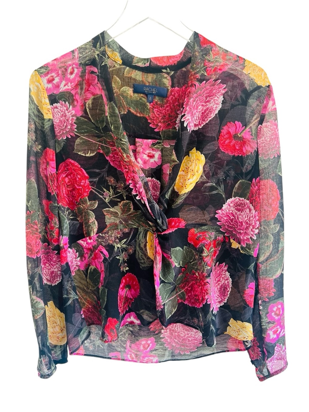 RACHEL Rachel Roy Black Sheer Floral Top with Pink and Green Accents